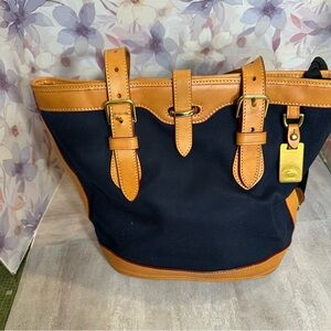 Navy and Tan Tote Bag with Leather Accents